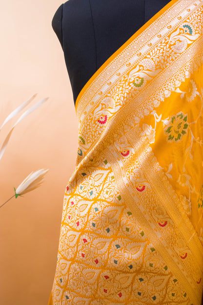 Traditional Meenakari Jaal Weaving In Banarsi Silk Fabric Yellow