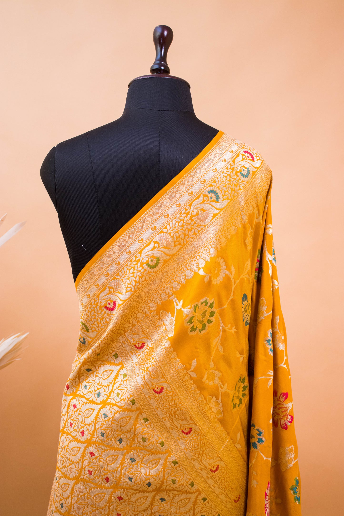 Traditional Meenakari Jaal Weaving In Banarsi Silk Fabric Yellow