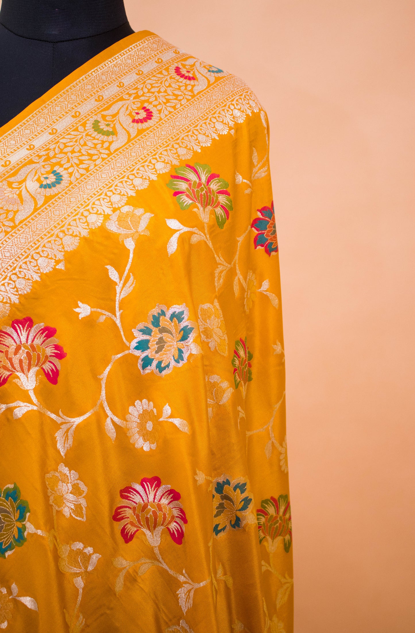 Traditional Meenakari Jaal Weaving In Banarsi Silk Fabric Yellow