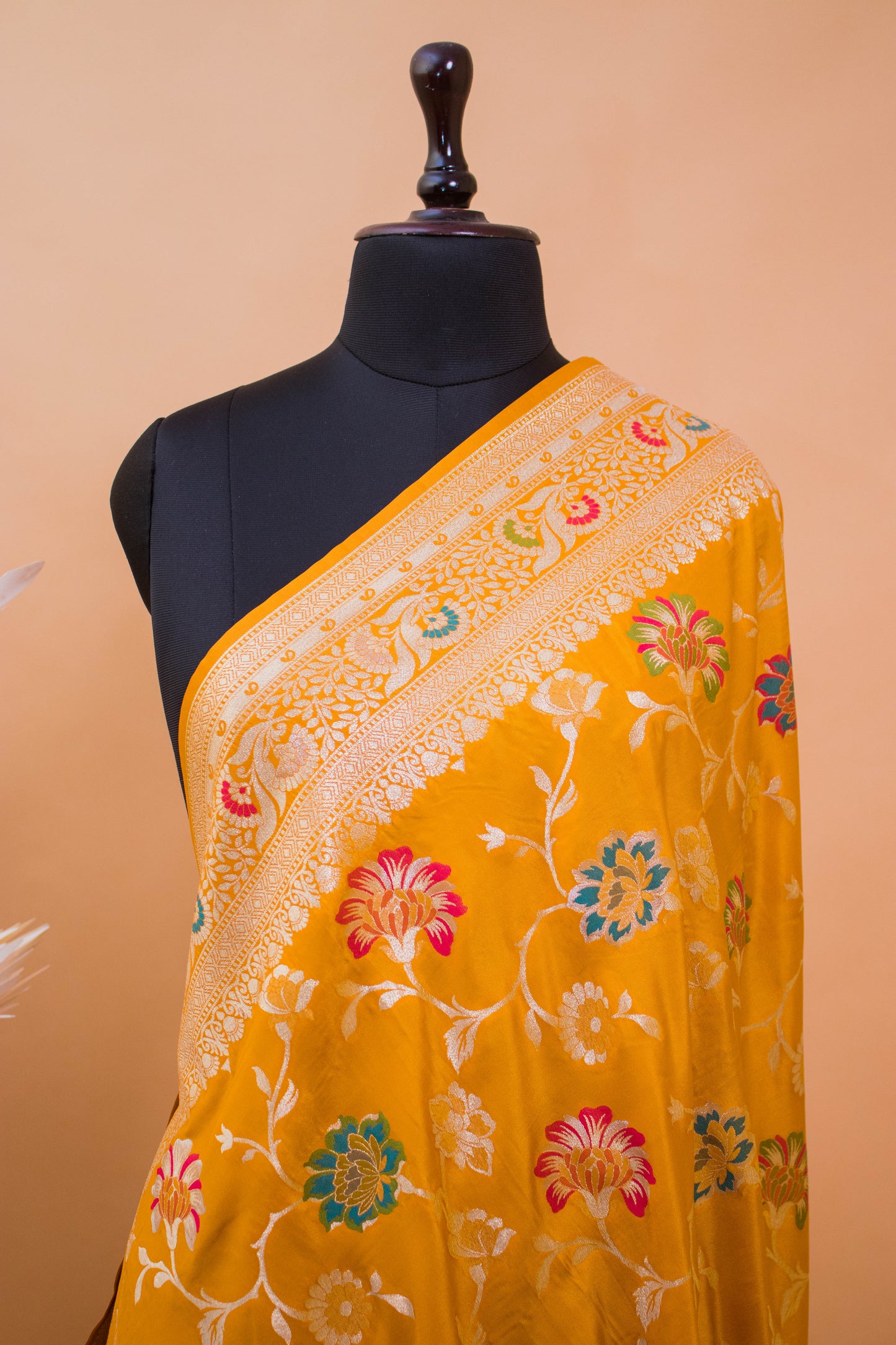 Traditional Meenakari Jaal Weaving In Banarsi Silk Fabric Yellow