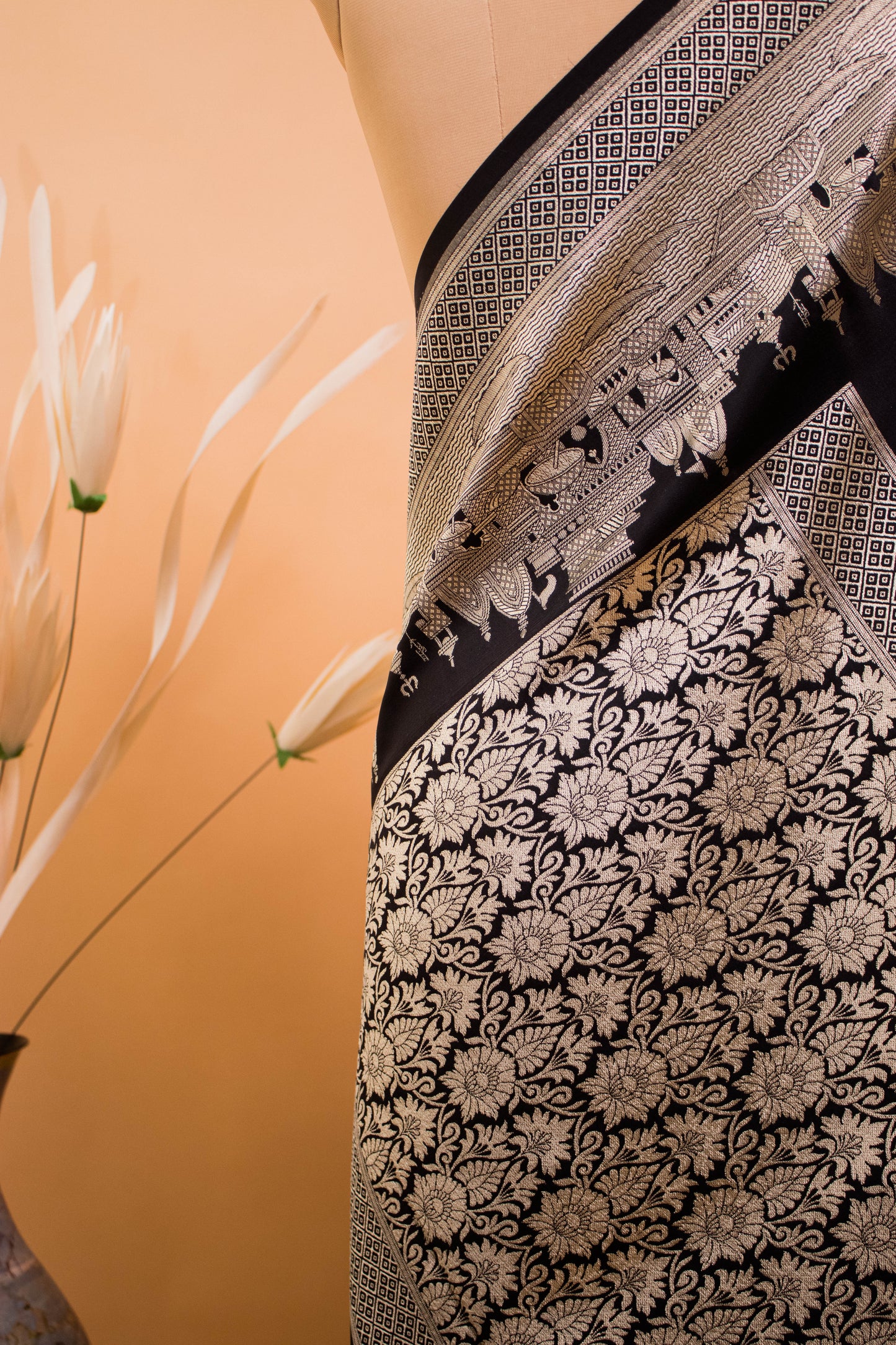 Contemporary Ghaat Border Weaving In Banarsi Silk - Black