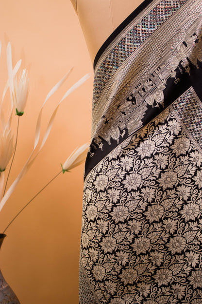 Contemporary Ghaat Border Weaving In Banarsi Silk - Black
