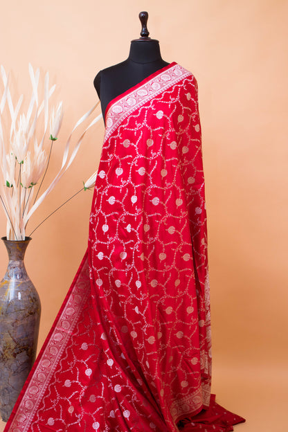 Wedding Banarasi Jaal Weaving In Mashru Silk - Red