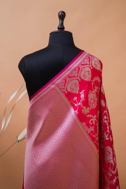 Wedding Banarasi Double Border And Jaal Weaving - Red