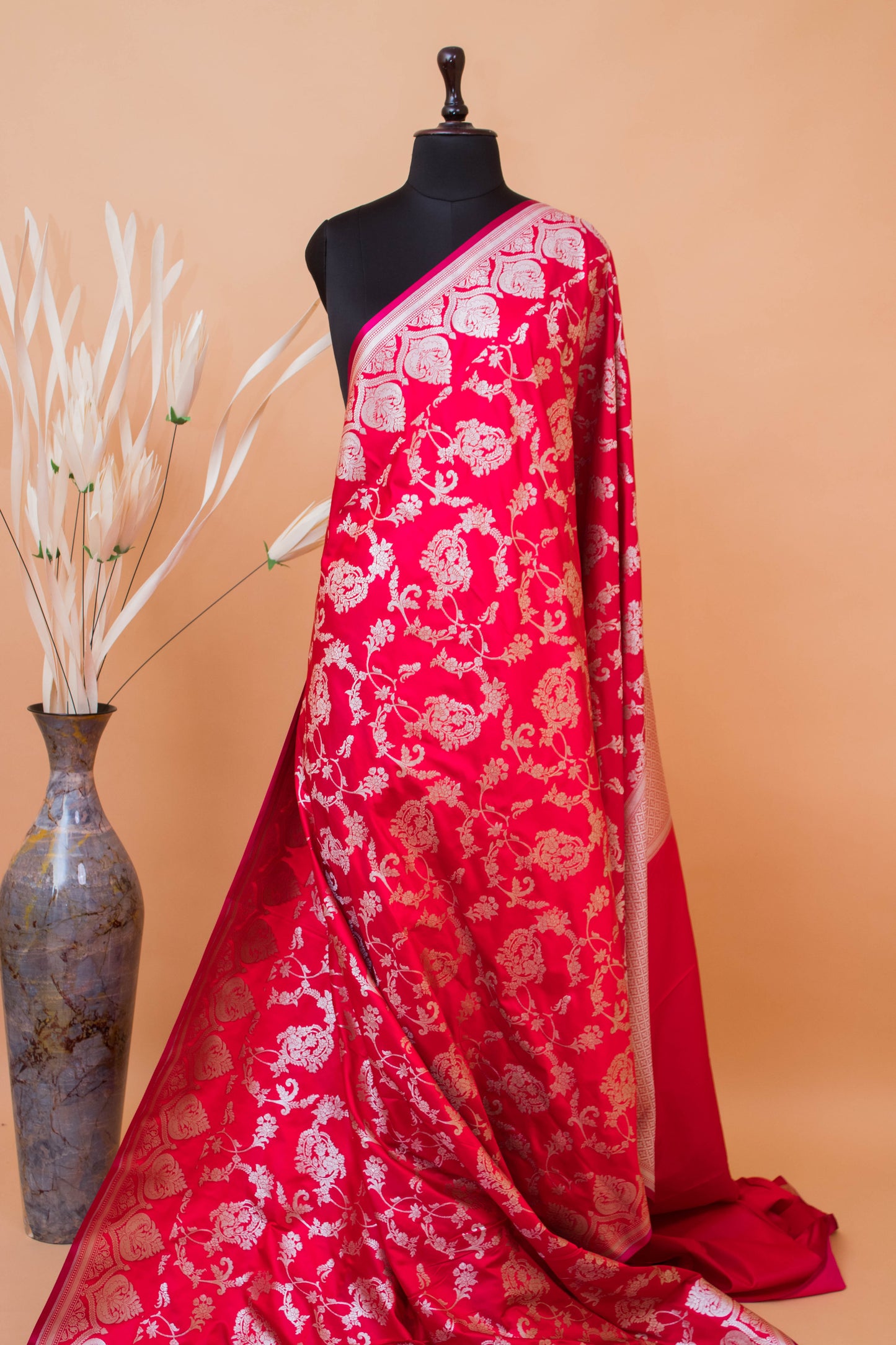 Wedding Banarasi Double Border And Jaal Weaving - Red