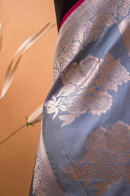Sober Banarsi Double Border Small Butti Saree - Grey