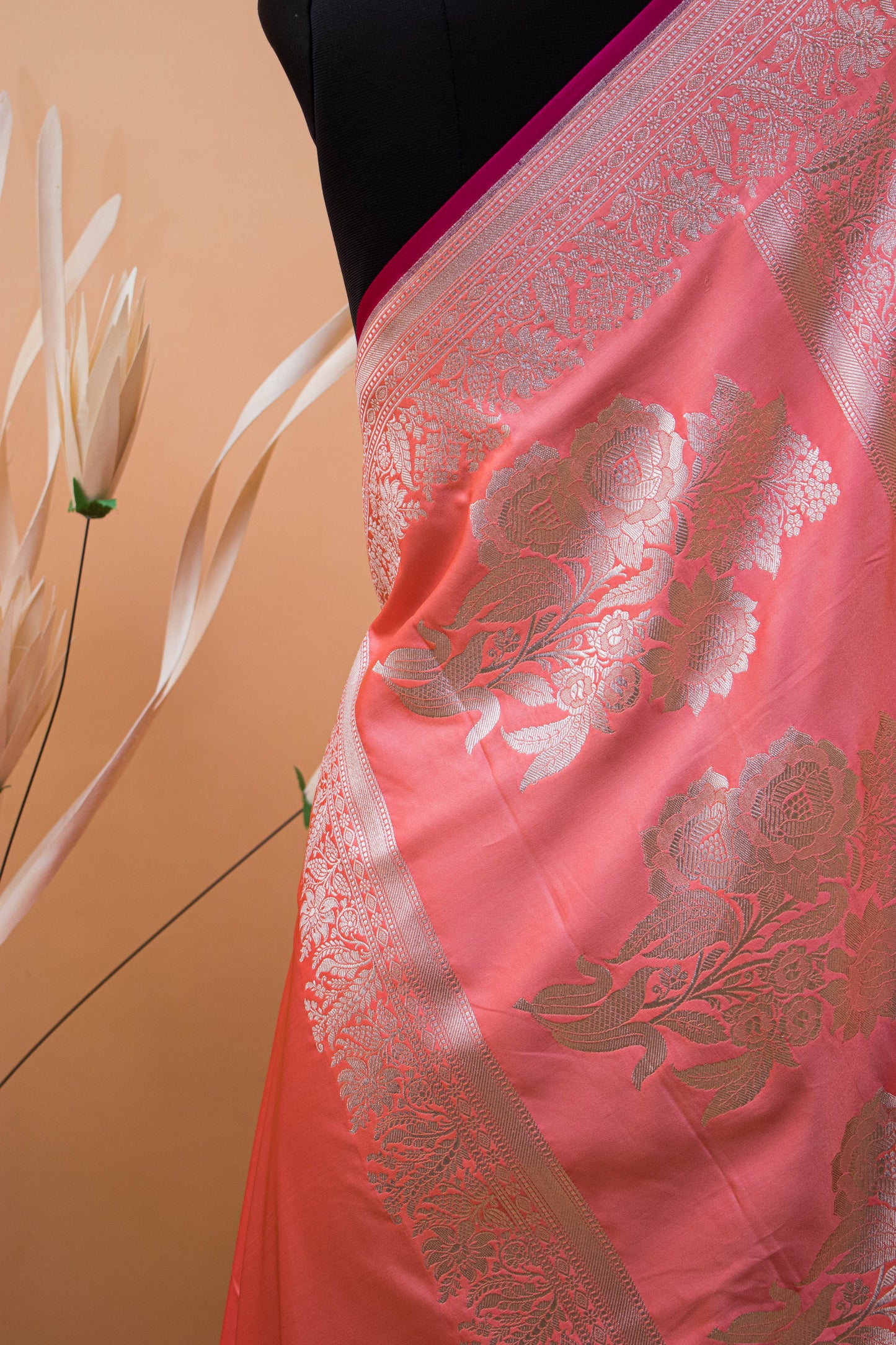 Wedding Banarasi Double Border And Jaal Weaving - Peach