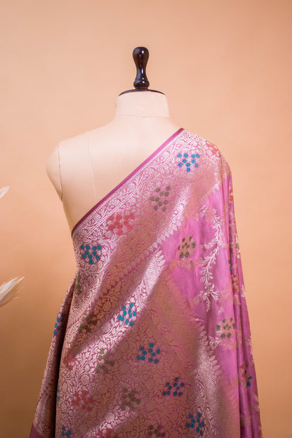 Meenakari Jaal Weaving In Banarsi Silk Fabric - Pink