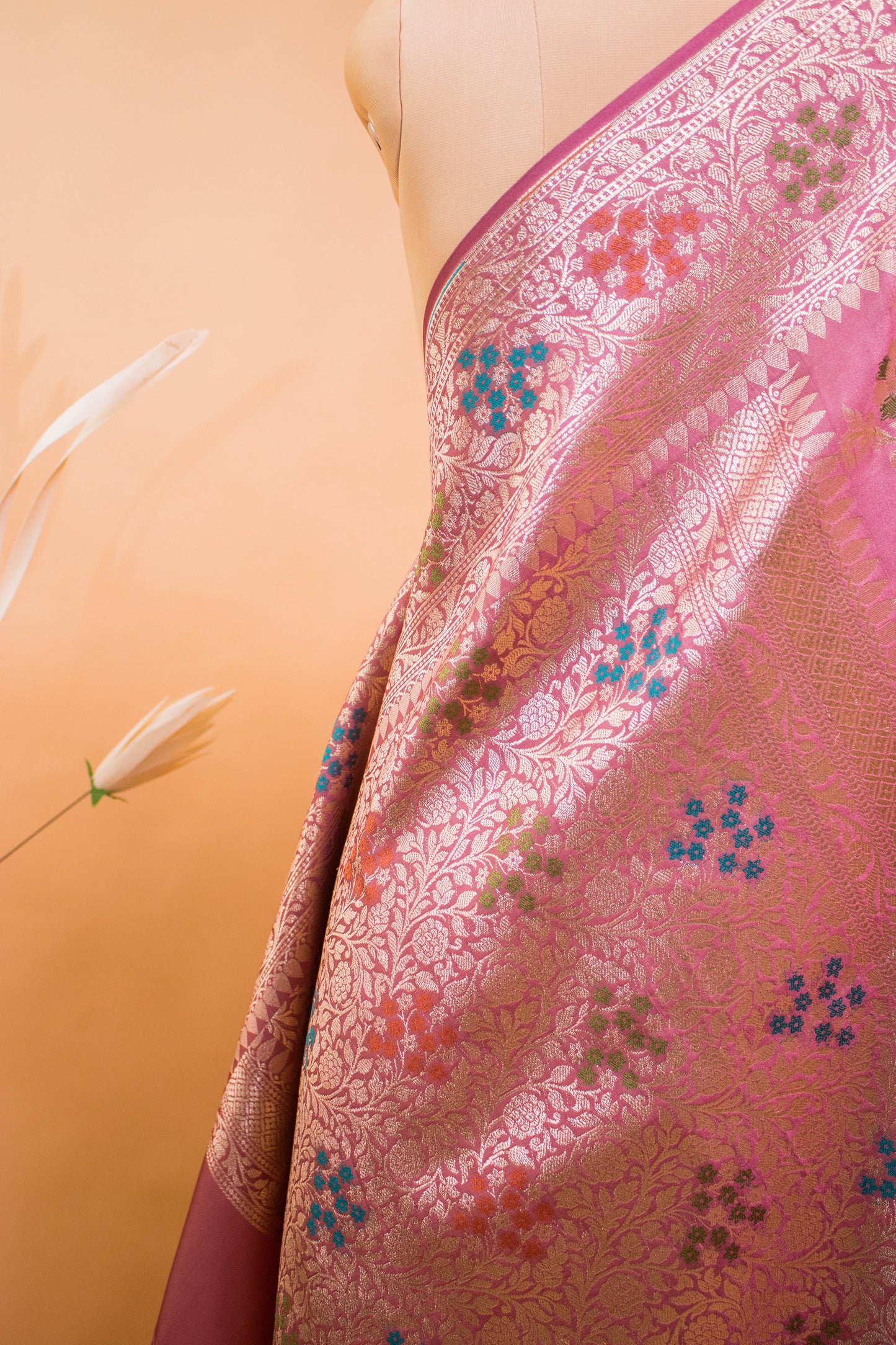 Meenakari Jaal Weaving In Banarsi Silk Fabric - Pink