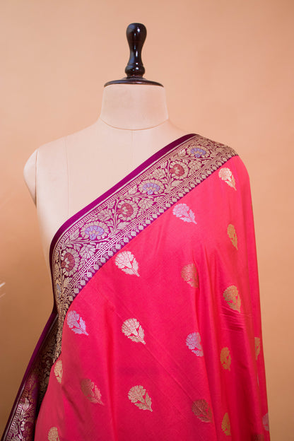 Traditional Banarsi Cotrast Border Butti Weaving - Orange