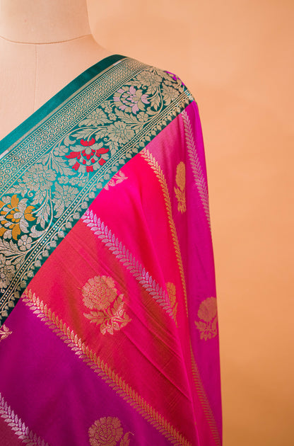 Banarasi Rangkaat Weaving Saree With Contrast Meenakari Border - Multi Color