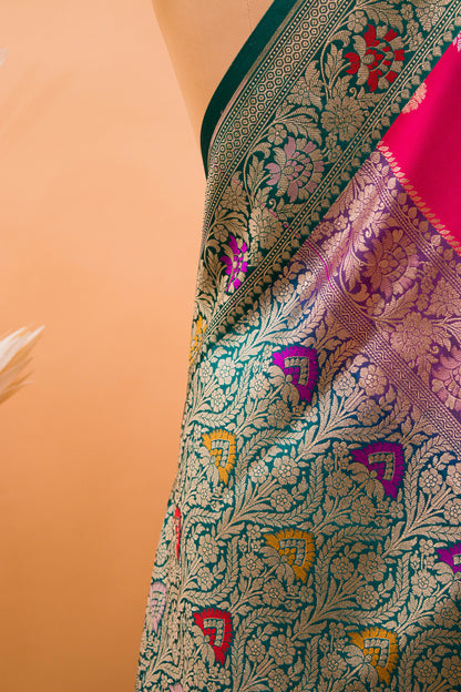 Banarasi Rangkaat Weaving Saree With Contrast Meenakari Border - Multi Color