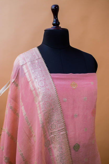 Banarasi Merenakari Weaving In Silk Tissue Fabric-Pink