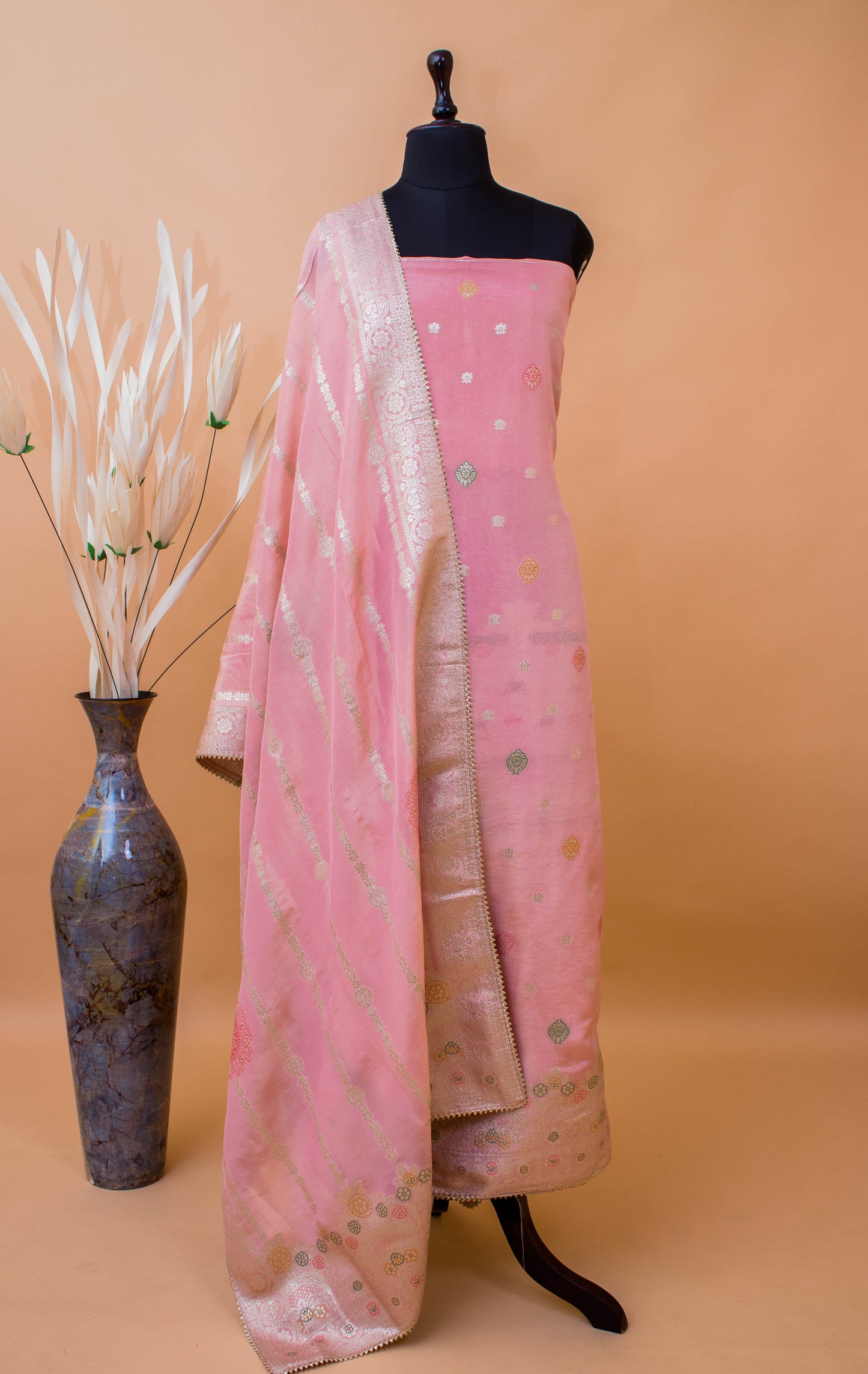 Banarasi Merenakari Weaving In Silk Tissue Fabric-Pink