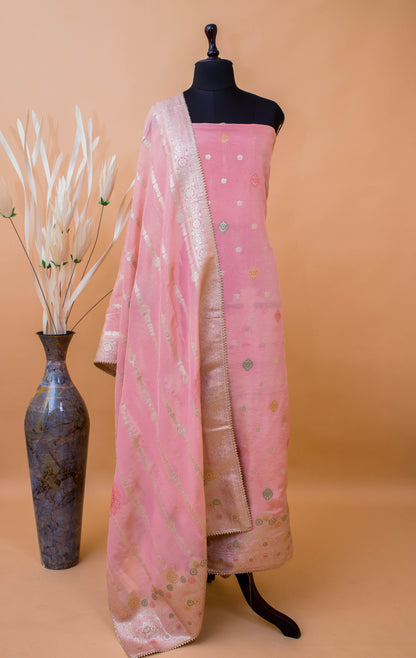 Banarasi Merenakari Weaving In Silk Tissue Fabric-Pink