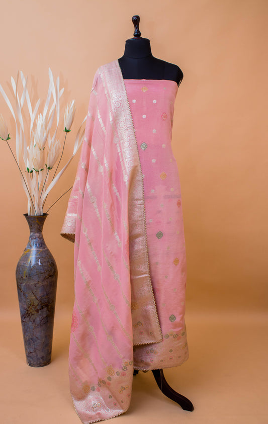 Banarasi Merenakari Weaving In Silk Tissue Fabric-Pink