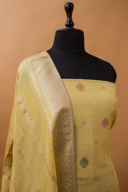 Banarasi Merenakari Weaving In Silk Tissue Fabric-Yellow