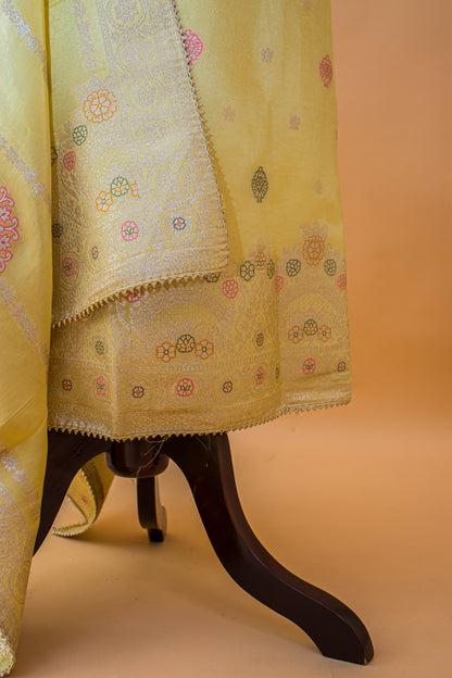 Banarasi Merenakari Weaving In Silk Tissue Fabric-Yellow