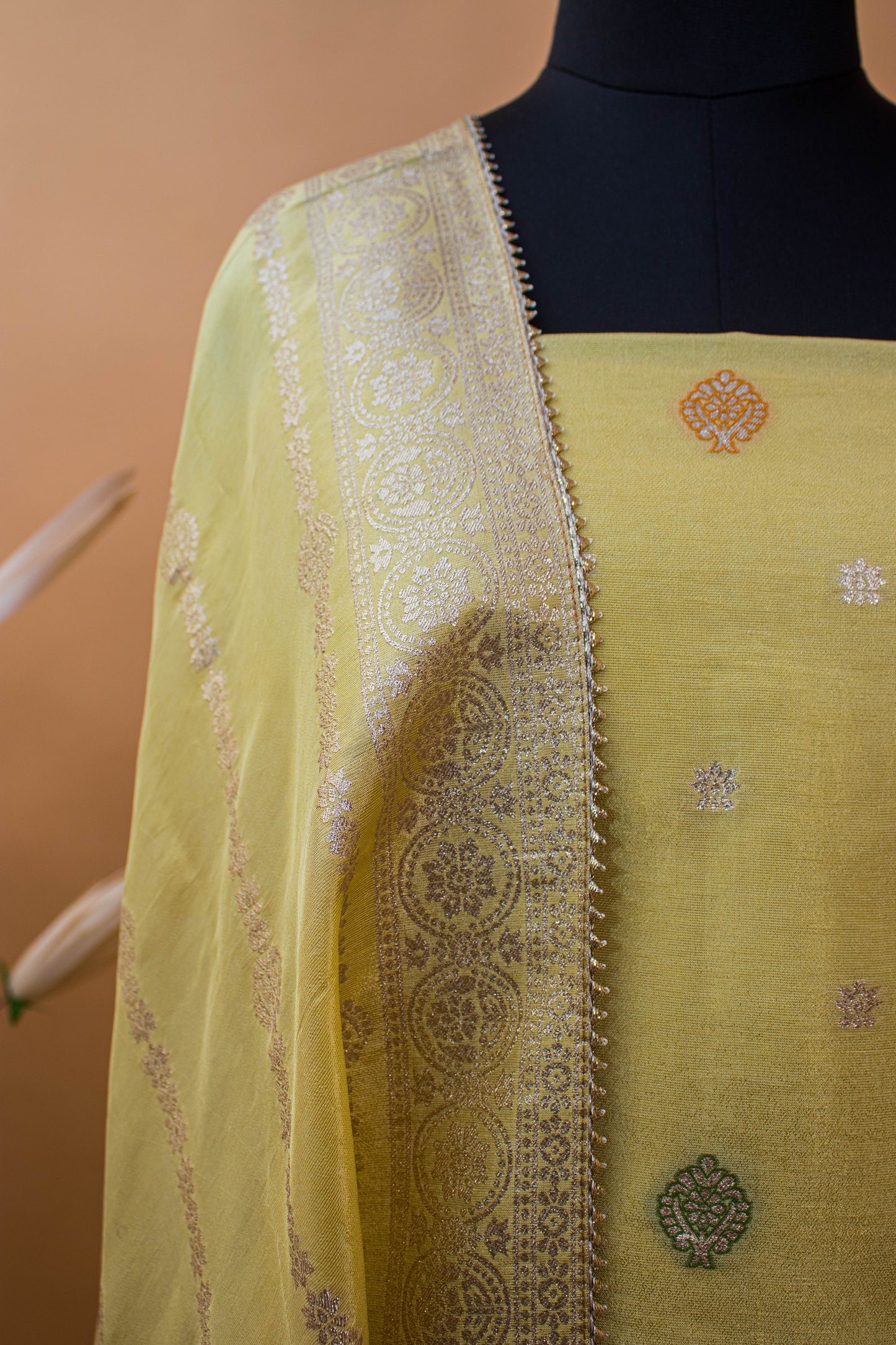 Banarasi Merenakari Weaving In Silk Tissue Fabric-Yellow