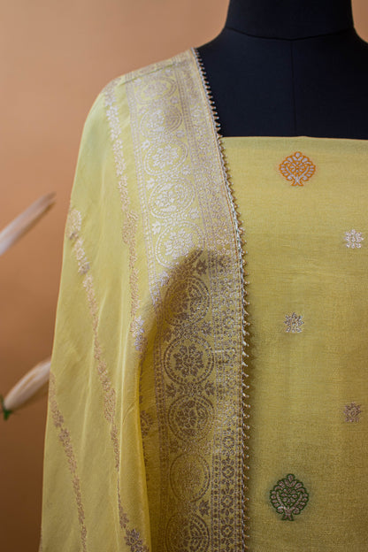 Banarasi Merenakari Weaving In Silk Tissue Fabric-Yellow
