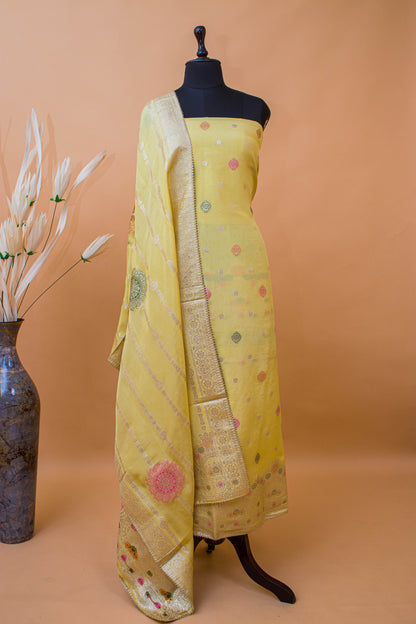 Banarasi Merenakari Weaving In Silk Tissue Fabric-Yellow