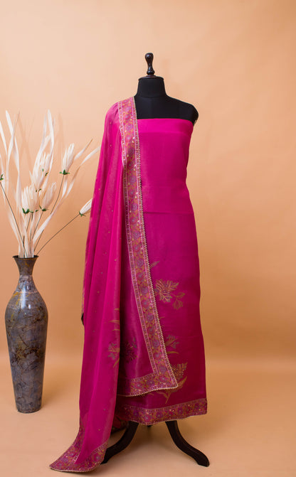 Banarasi Meenakri Weaving Suit Fabric In Georgette Tissue Fabric Pink