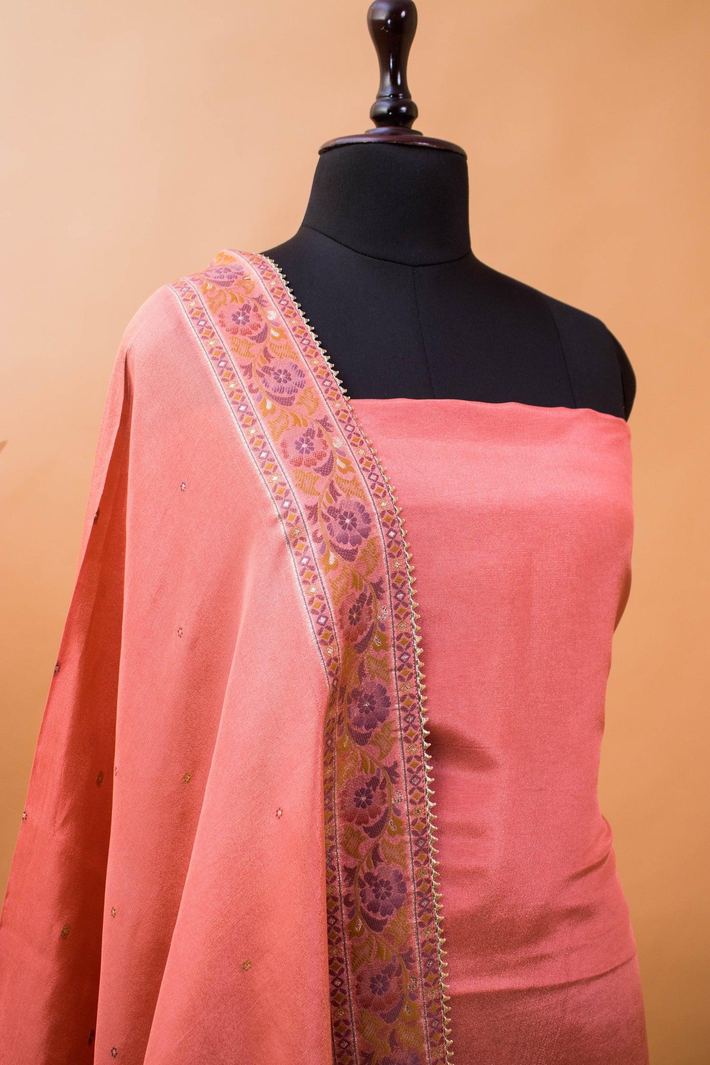 Banarasi Meenakri Weaving Suit Fabric In Georgette Tissue Fabric Peach