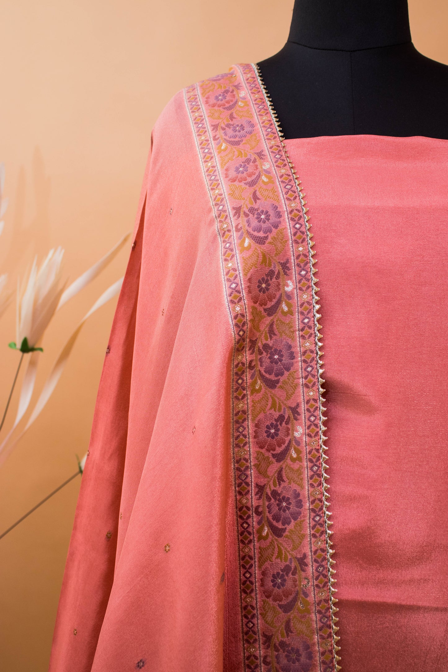 Banarasi Meenakri Weaving Suit Fabric In Georgette Tissue Fabric Peach