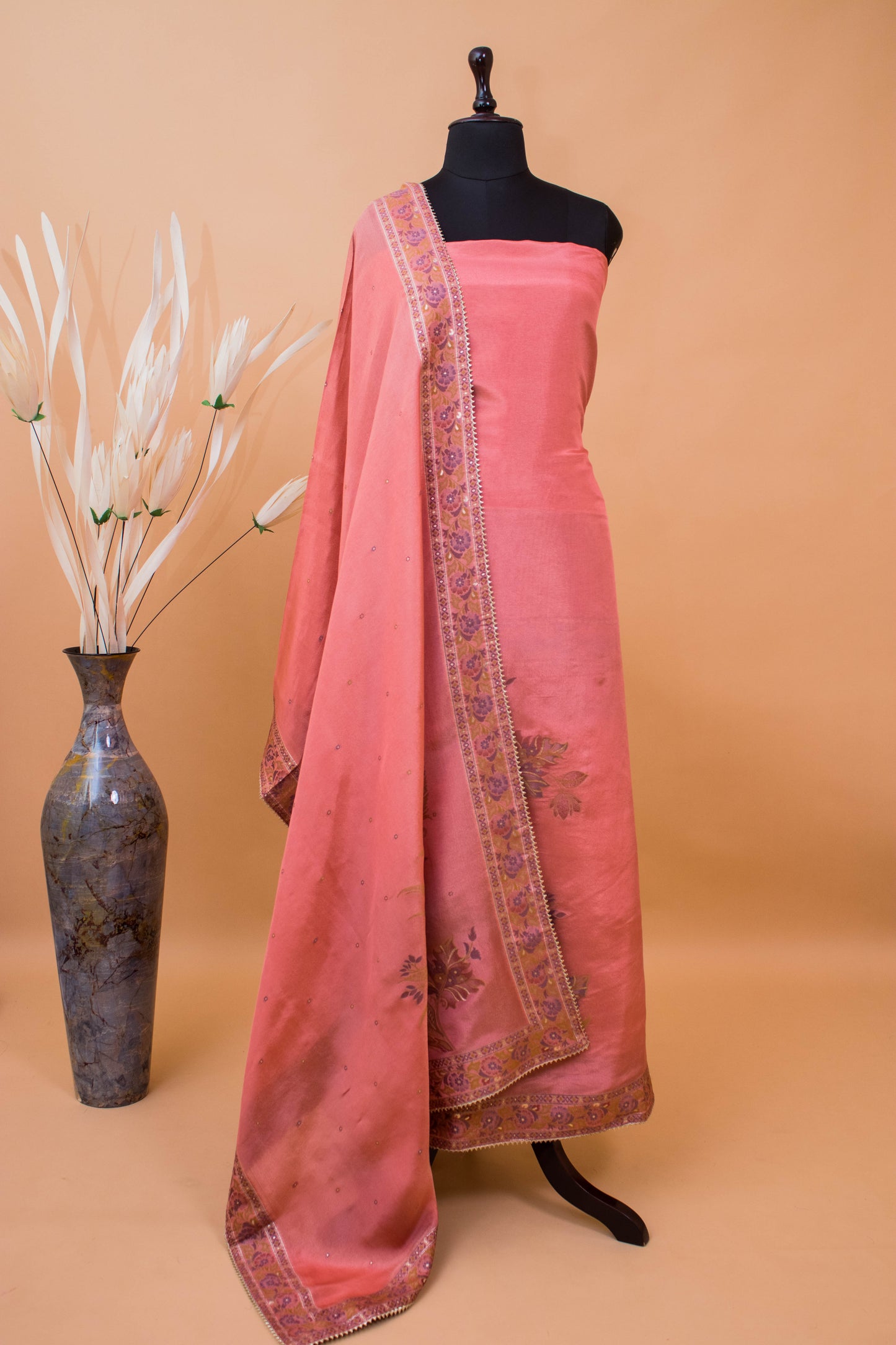 Banarasi Meenakri Weaving Suit Fabric In Georgette Tissue Fabric Peach