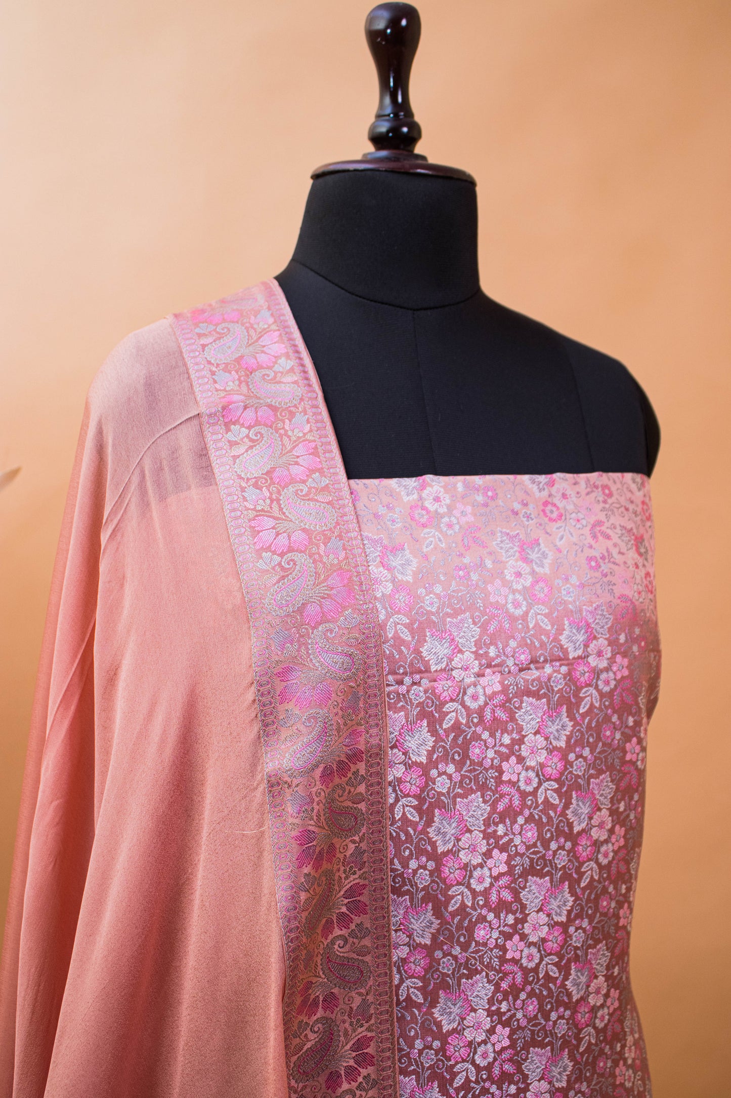 Banarasi Meenakari Tanchui Weaving Suit Fabric Georgette Dupatta-Peach