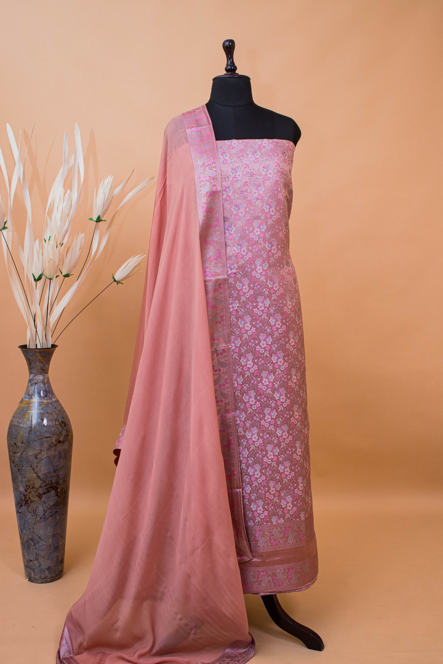 Banarasi Meenakari Tanchui Weaving Suit Fabric Georgette Dupatta-Peach