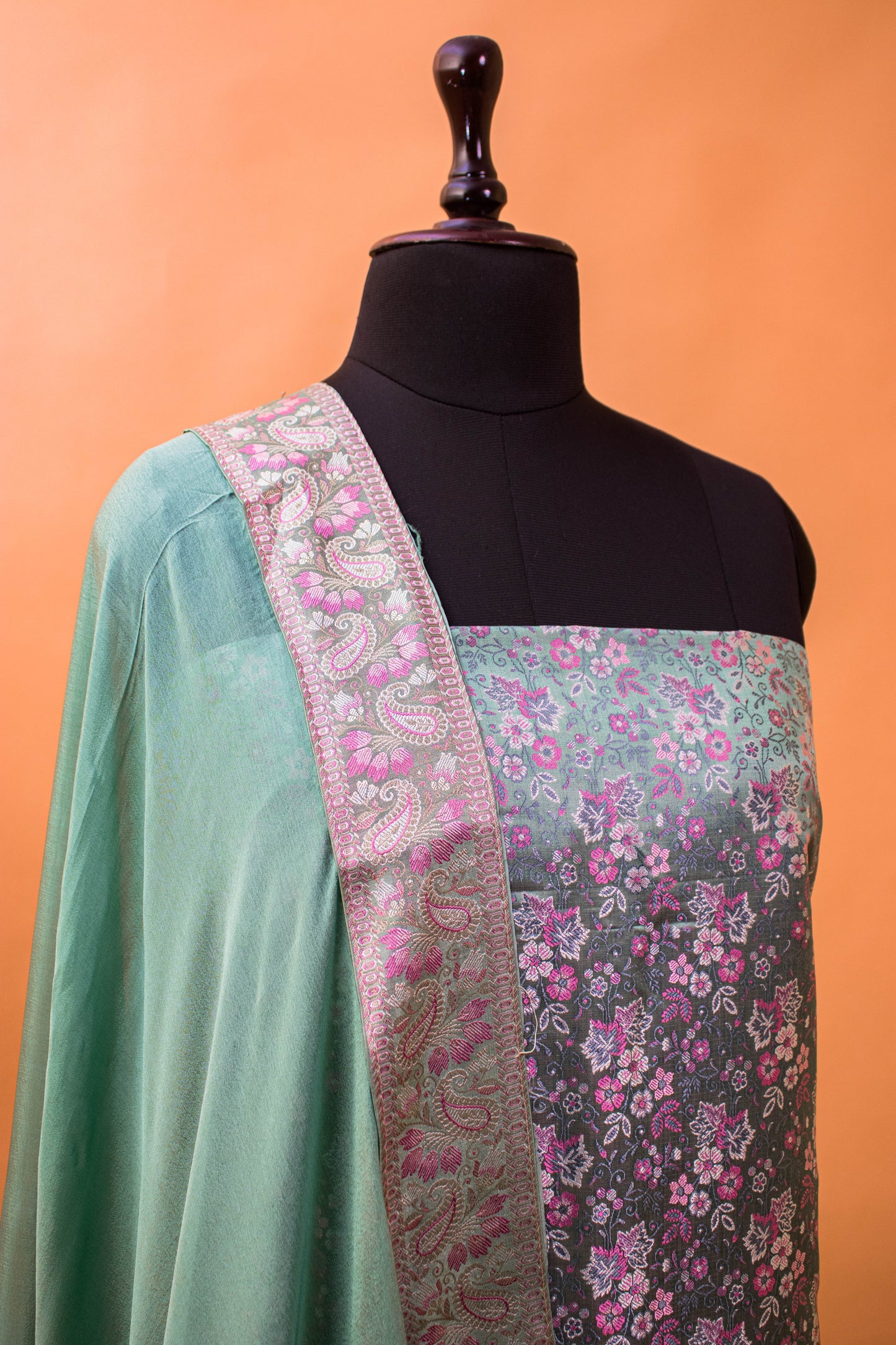 Banarasi Meenakari Tanchui Weaving Suit Fabric Georgette Dupatta-Green