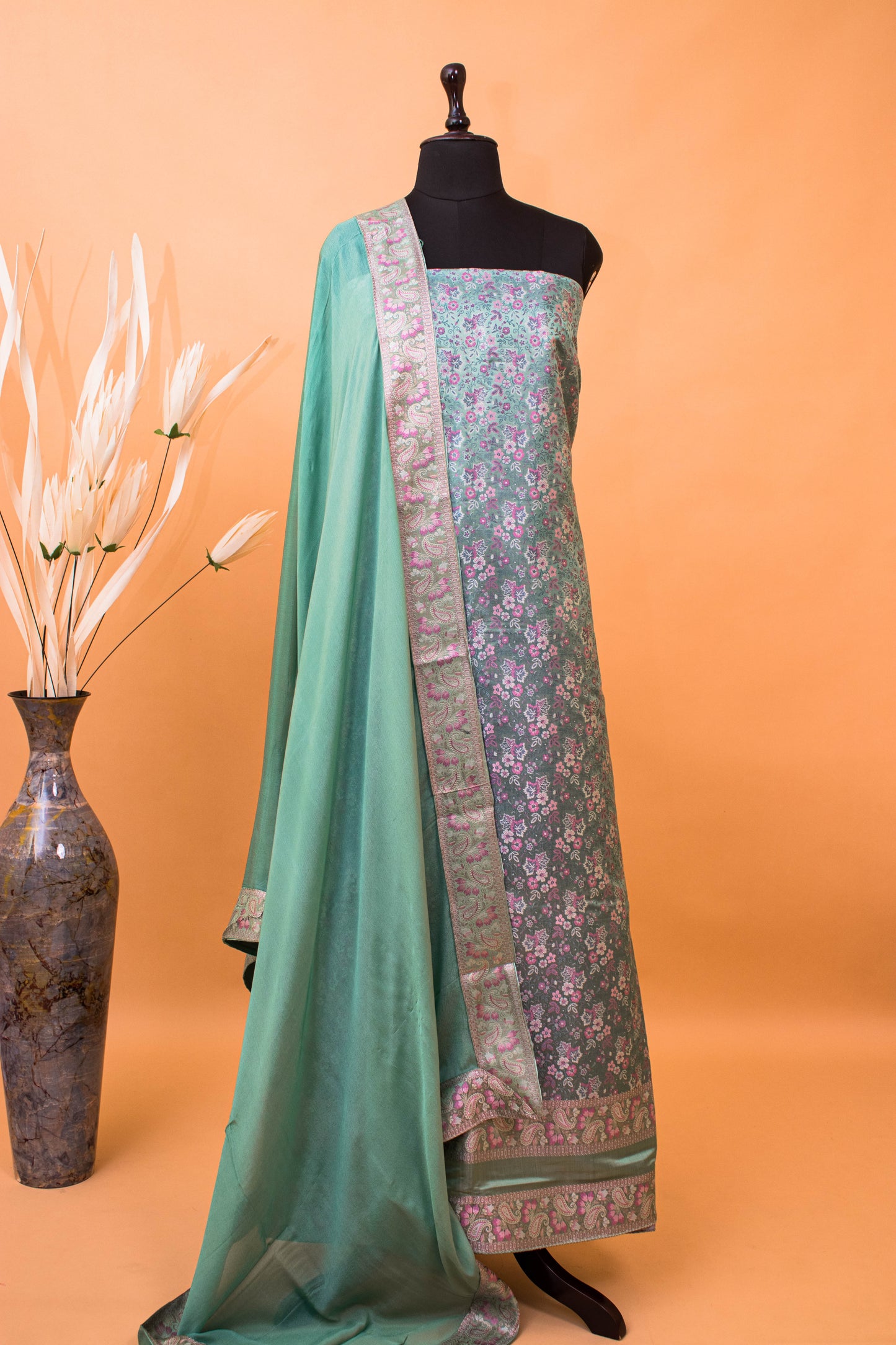 Banarasi Meenakari Tanchui Weaving Suit Fabric Georgette Dupatta-Green
