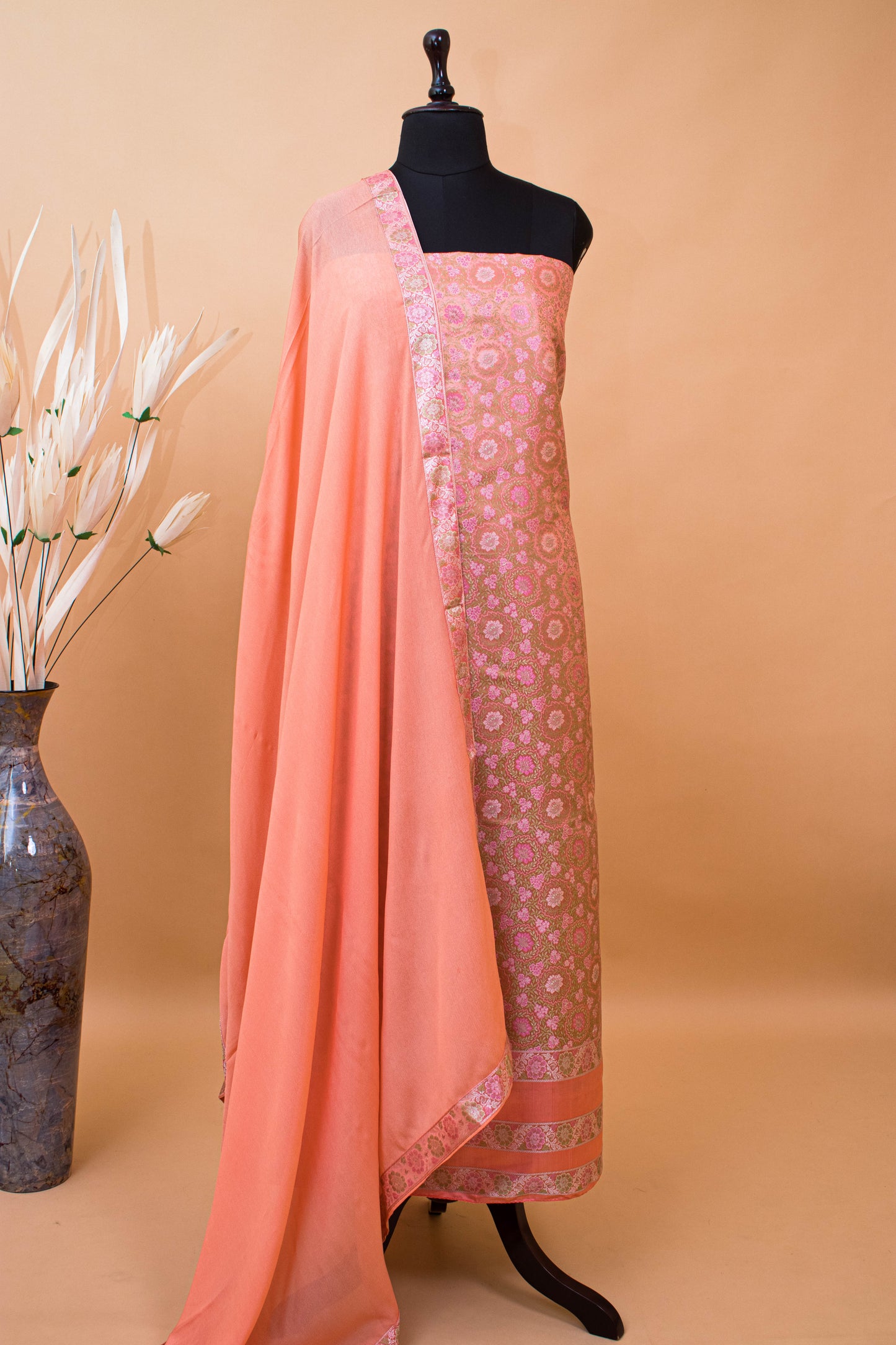 Banarasi Meenakari Tanchui Weaved Suit Fabric-Peach
