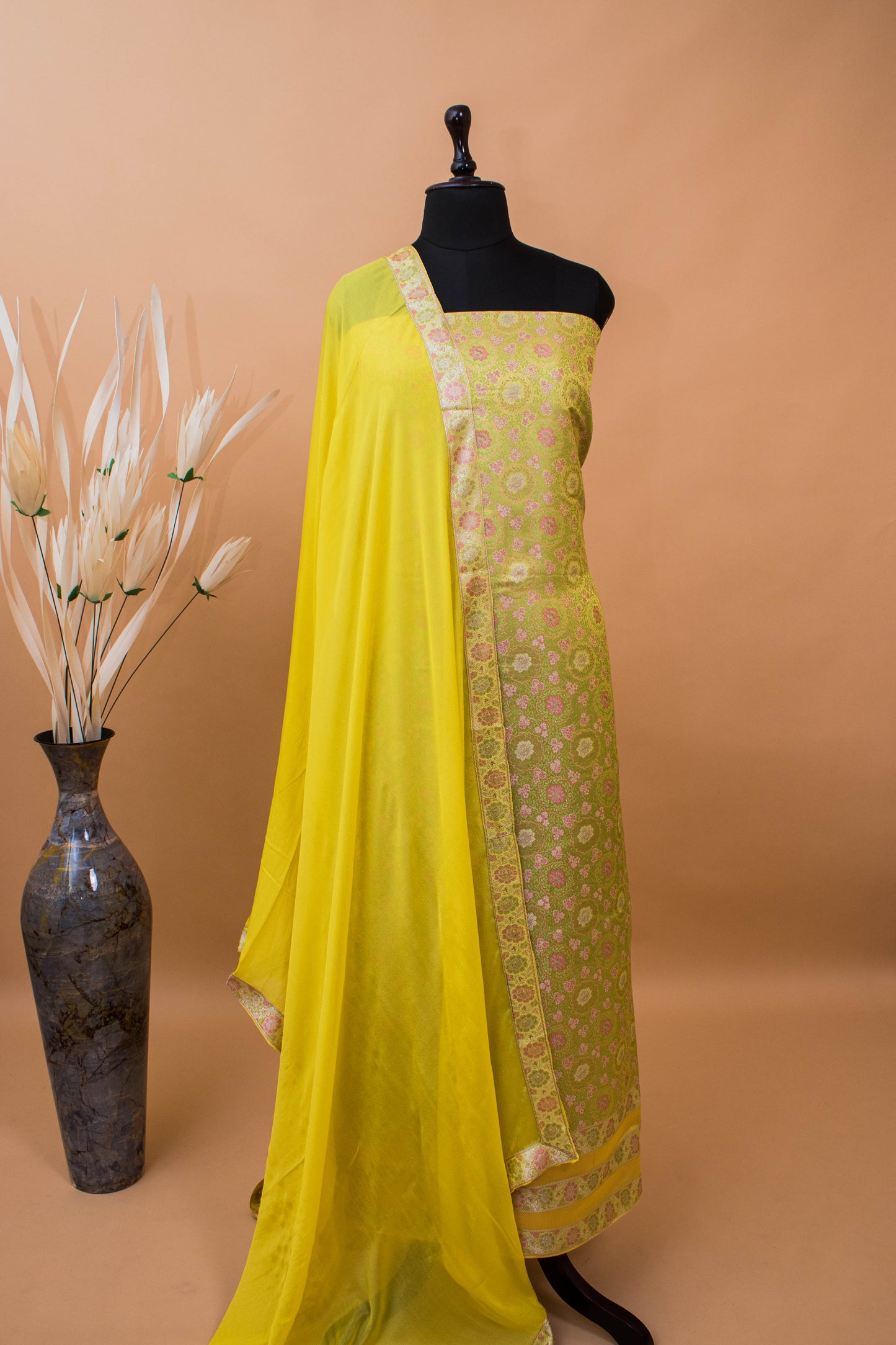 Banarasi Meenakari Tanchui Weaved Suit Fabric-Yellow
