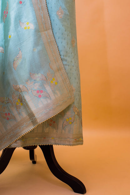 Banarasi Meenakari Weaving Suit Fabric In Chinon Fabric-Blue