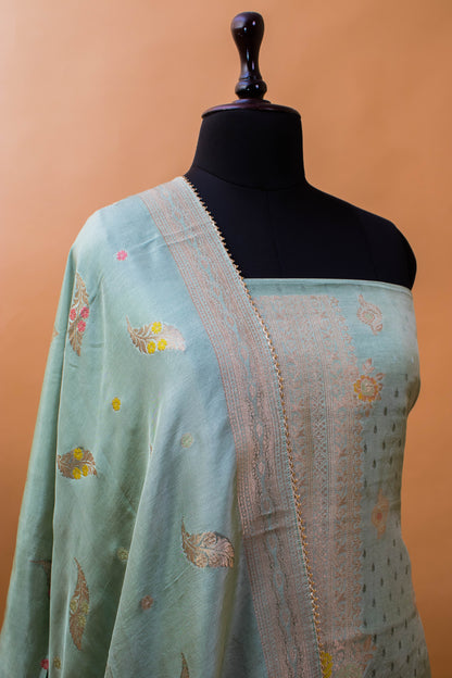 Banarasi Meenakari Weaving Suit Fabric In Chinon Fabric-Blue