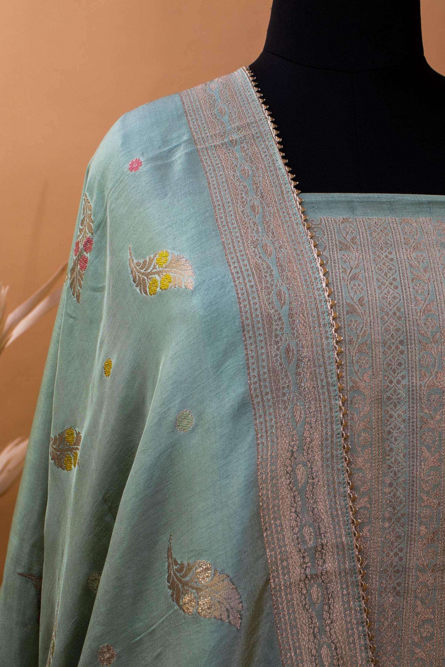 Banarasi Meenakari Weaving Suit Fabric In Chinon Fabric-Blue