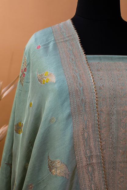 Banarasi Meenakari Weaving Suit Fabric In Chinon Fabric-Blue