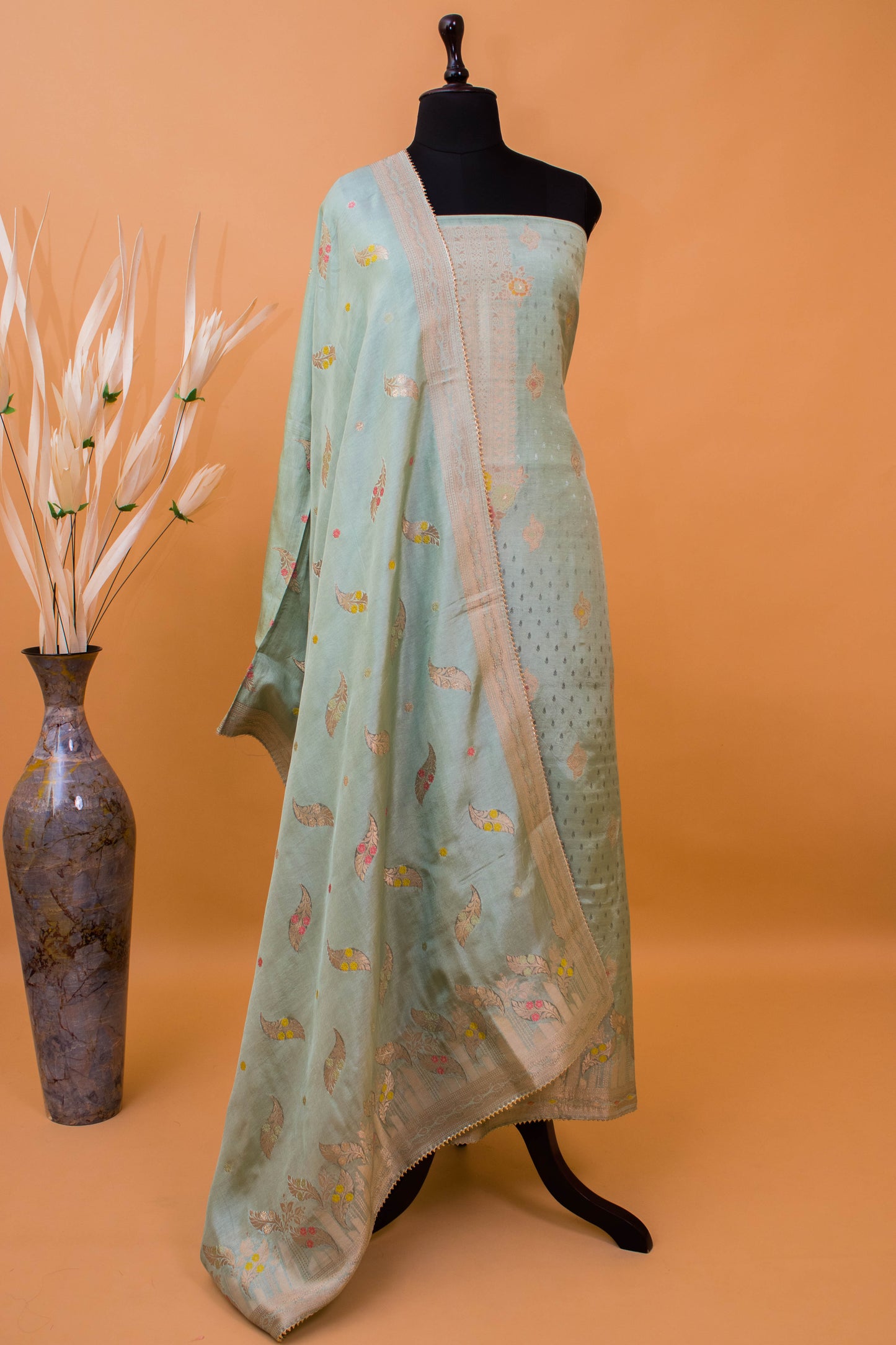 Banarasi Meenakari Weaving Suit Fabric In Chinon Fabric-Blue