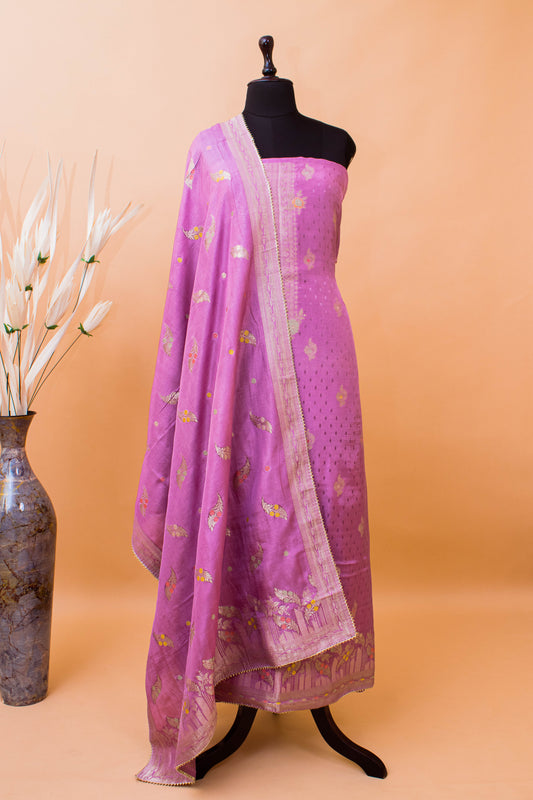 Banarasi Meenakari Weaving Suit Fabric In Chinon Fabric-Purple