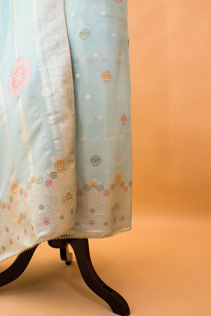 Banarasi Merenakari Weaving In Silk Tissue Fabric-Blue