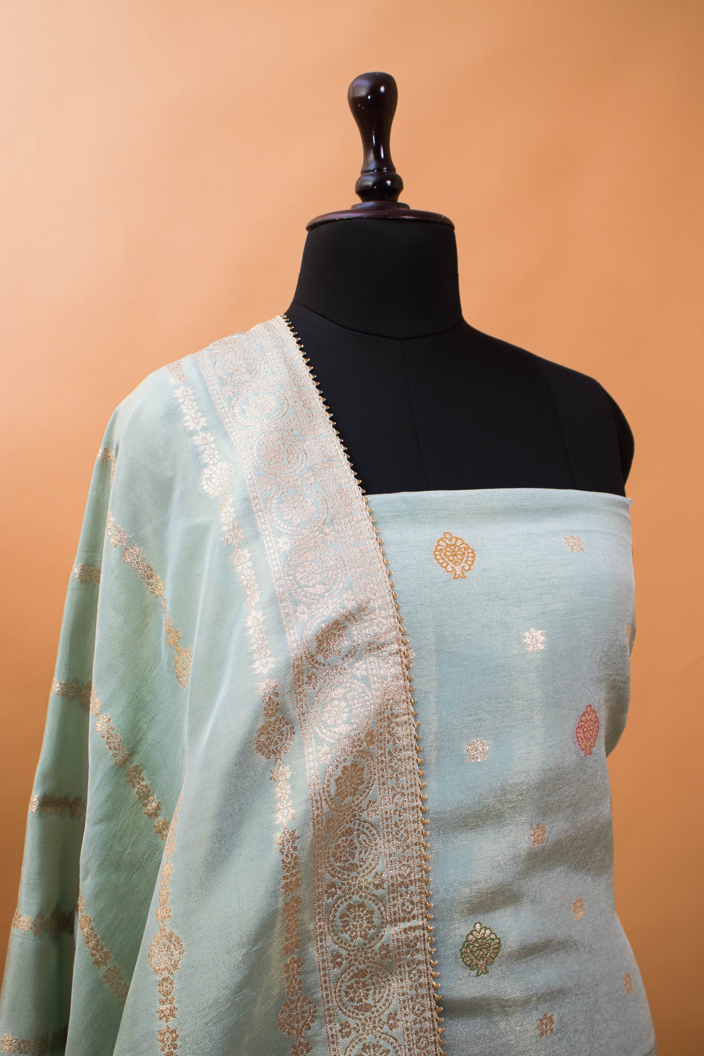 Banarasi Merenakari Weaving In Silk Tissue Fabric-Blue