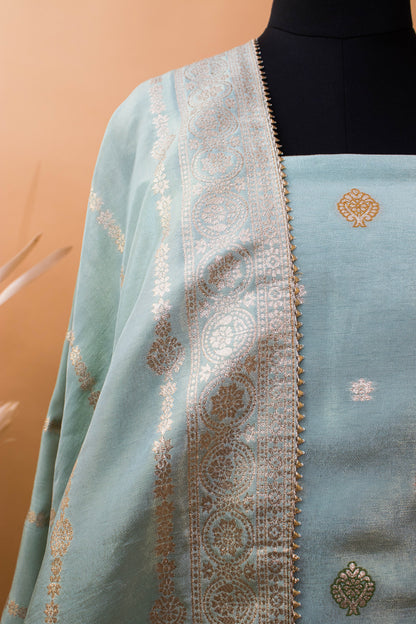 Banarasi Merenakari Weaving In Silk Tissue Fabric-Blue