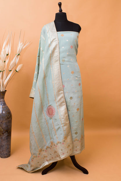 Banarasi Merenakari Weaving In Silk Tissue Fabric-Blue