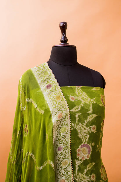 Banarasi Khaddi Georgette Suit Fabric With Hand Brushing-Green