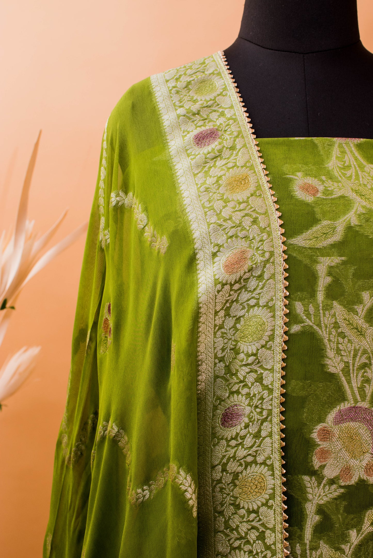 Banarasi Khaddi Georgette Suit Fabric With Hand Brushing-Green