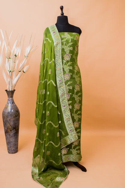 Banarasi Khaddi Georgette Suit Fabric With Hand Brushing-Green