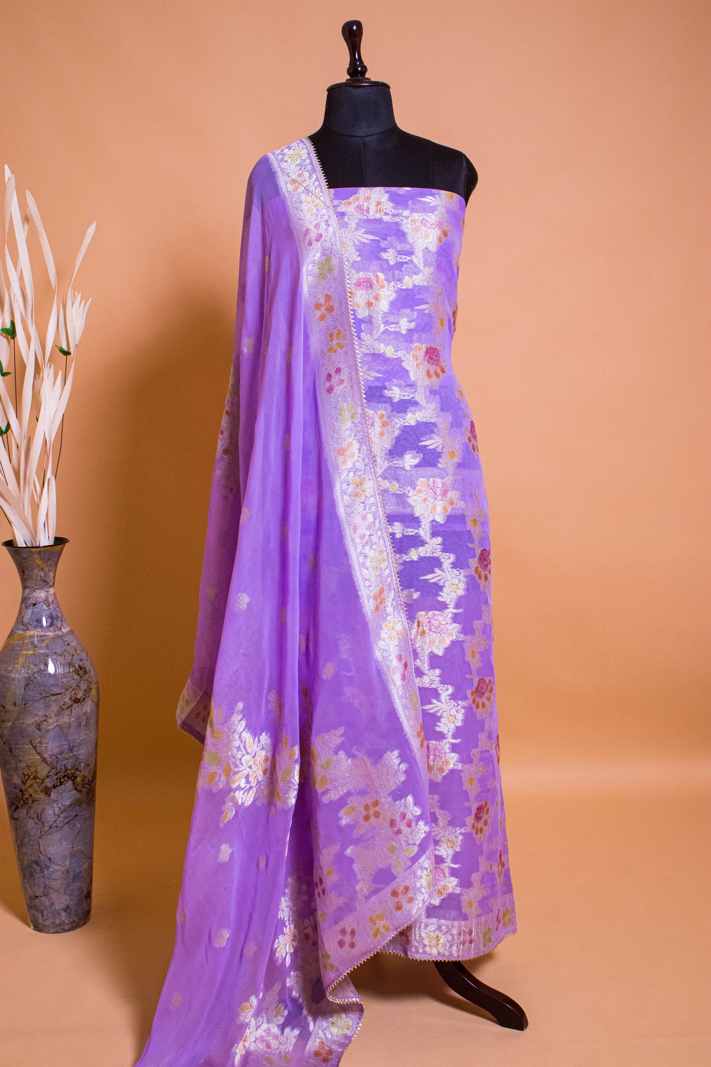 Banarasi Khaddi Georgette Suit Fabric With Hand Brushing Purple