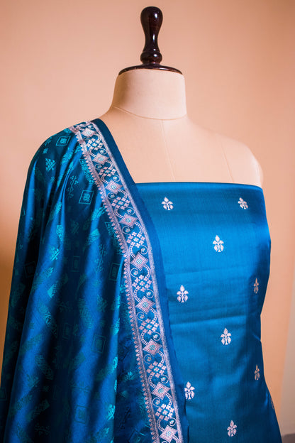 Elegant Banarasi Weaved Suit Fabric With Tanchui Weaving Dupatta-Blue